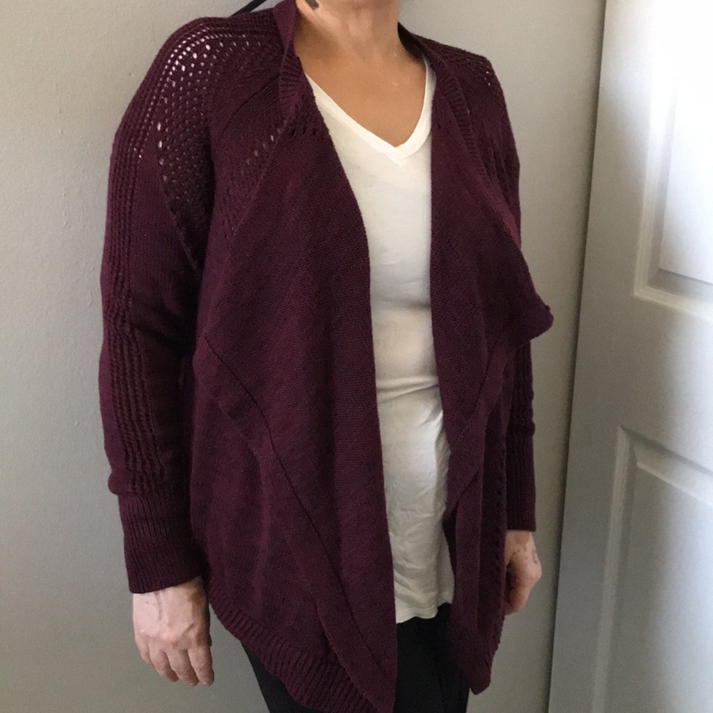 BANANA REPUBLIC Women Plum Pointelle Knit Lapel Collar Open Cardigan Swe…